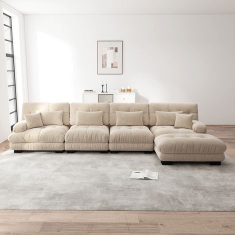 Divano angolare modulare, set di divani a L per soggiorno, comodi divani a nuvola a 4 posti con pouf mobile, combinazione fai-da-te, ciniglia, marrone chiaro