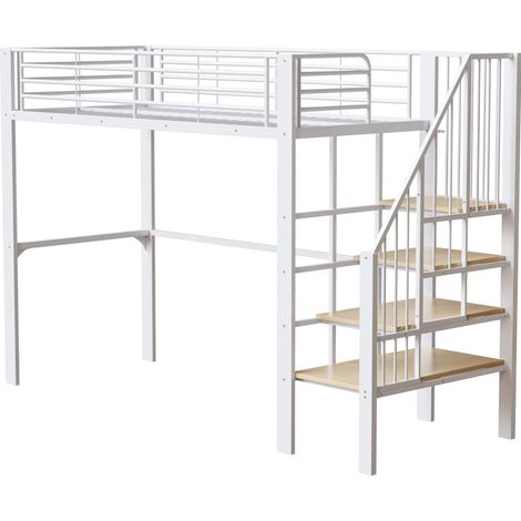 Hochbett 90 x 200 cm aus Metall mit Stauraum und Treppe, Weiß, MODENUIT (1/5)