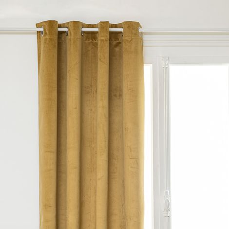 Atmosphera – Rideau occultant 140x260cm en velours jaune moutarde – 100% polyester – 8 œillets métalliques – Pour obscurcir salon et chambre (1/3)