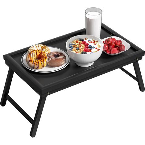 Plateau de petit-déjeuner pliable en bambou avec pied 50 x 30 x 23 cm noir (1/5)