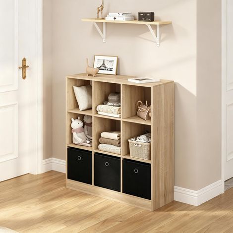 Mueble de almacenamiento cúbico 80 x 86,5 x 30 cm con 3 cajones de tela, roble claro y negro DESVIAE (1/5)