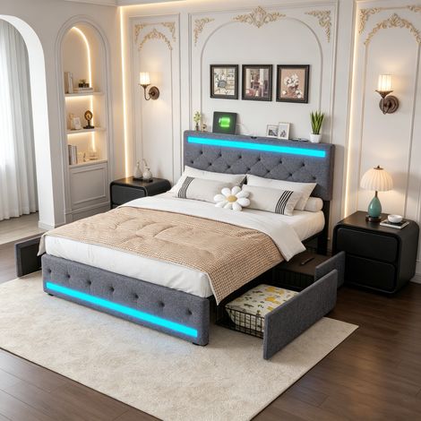 Lit coffre double 140x200 cm,  avec 4 tirtors,Éclairage LED orientable,Prises USB – Sommier à lattes –adapté aux adultes et adolescents,Gris (1/5)