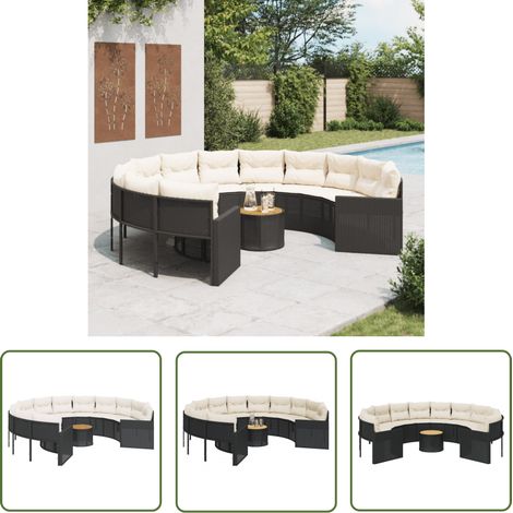 The Living Store Canapé de jardin avec table coussins rond noir résine tressée - Canapé De Jardin - Salon De Jardin - Ensemble De Jardin - Mobilier Extérieur - Résine Tressée (1/5)