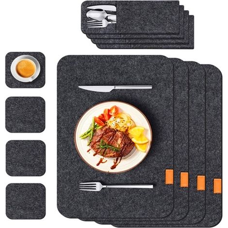 Set de napperons, dessous de tasses, feutrine isolante avec sac à fourchettes, tapis de table pour la cuisine, gris foncé (1/5)