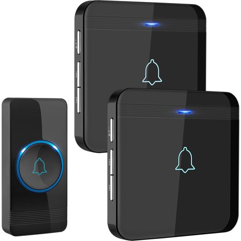 Sonnette sans Fil, Bouton de Sonnette, Carillon de Porte étanche IP55 avec 2 récepteurs enfichables, Flash LED, 5 Niveaux de Volume, 52 mélodies, portée de Fonctionnement de 400 m, Noir (1/5)