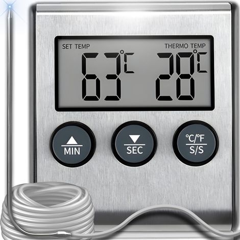 Thermomètre numérique à viande avec sonde, thermomètre de cuisson, minuterie intégrée, acier inoxydable.