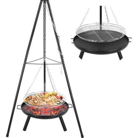 Brasero exterieur avec Gril Suspendu, Brasero exterieur Ø60cm, Gril Pivotant Barbecue, Trépied Brasero Barbecue Suspendu avec Grille, 200 cm Chaîne Réglable en Hauteur et 152cm Trépied (1/5)