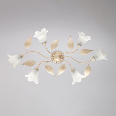 Sechs Lichter Iron Ivory Gold Deckenlampe mit weißem Alabasterglas 95x52x h20 cm