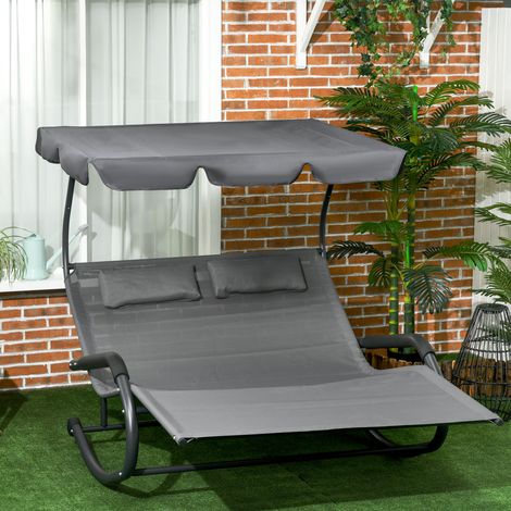 Chaise longue double avec toit solaire appui-têtes bain de soleil à bascule ergonomique 2 roues 200 x 139 x 140 cm noir