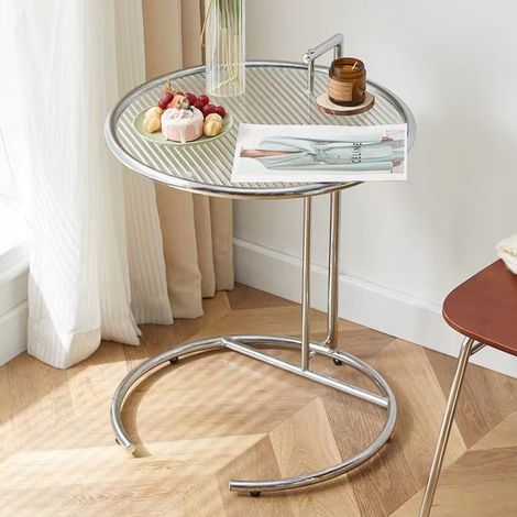 Table basse relevable en verre transparent en forme de C, en acier inoxydable, style simple, pour canapé ou table d'appoint, grise. (1/4)