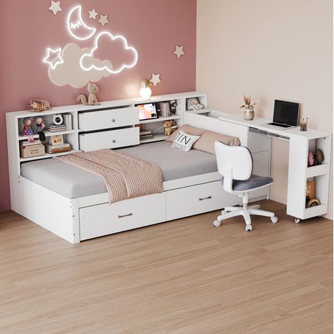 Bett 90x200 cm minimalistisch in Weiß aus Holz mit multifunktionalem Kopfteil, 2 Schubladen, Ausziehtisch und USB (1/5)