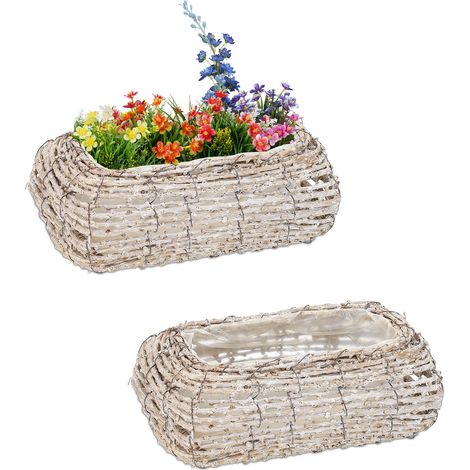 Relaxdays Vasi per Fiori, Set da 2, Fiorere in Rattan con Rivestimento, per Interni, 10 x 25 x 15 cm, Bianco Naturale