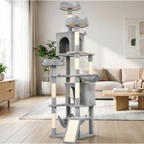 Arbre à chat 48x48x192 cm en bois gris et sisal, facile à monter pour salon FloraGrace (1/5)