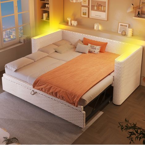 Letto estraibile 90x200 cm beige in velluto e MDF con LED multicolore, trasformabile 180x200 cm (1/5)