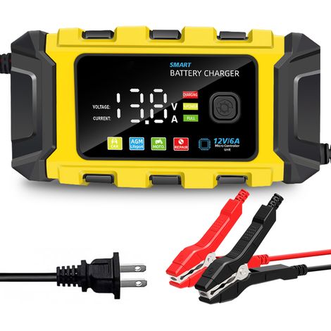Ortviai Chargeur de Batterie 12V Intelligent Automatique avec Écran Digital, pour Voitures, Moto, Bateaux, Batteries Plomb-Acid (Jaune)