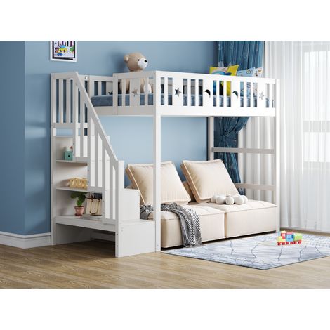 Lit superposé pour enfants 90200 avec escaliers,lit mezzanine en bois massif avec rampe de sécurité,décoration en forme d’étoiles et de lune. Blanc