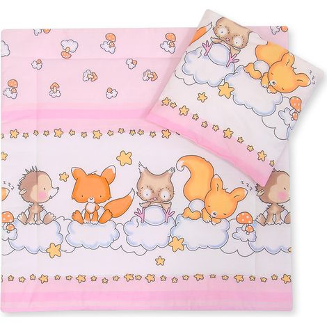 Kinderwagenbettwäsche mit Bettdecke und Kissenfüllung - Rosa Waldtiere (1/2)