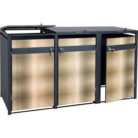 3er Mülltonnenverkleidung HHG-358, Mülltonnenbox, erweiterbar, Metall 80kg, anthrazit gold