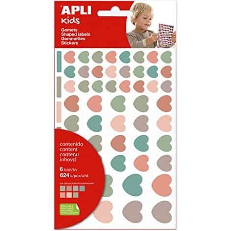 APLI Kids 19452 - Pegatinas Corazones Nordik, 6 hojas de gomets de corazones, colores nordicos, tamaños surtidos, stickers con adhesivo removible (1/5)