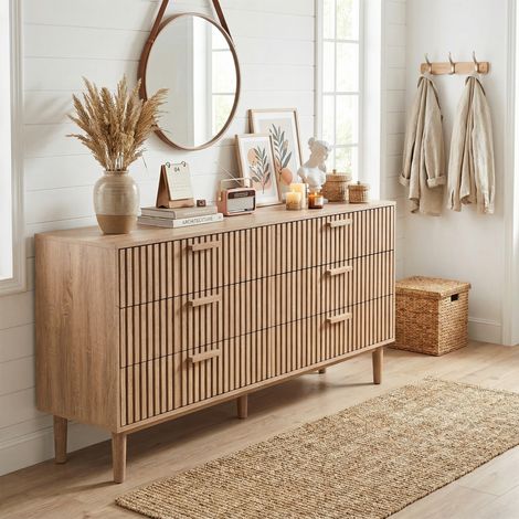 Cassettiera 100, 6 cassetti, madia 100, cassettiera per camera da letto, design a doghe verticali, mobile contenitore per soggiorno/cucina/sala da pranzo, scandinavo, Rovere chiaro