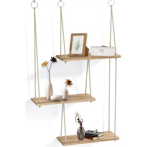 Étagères murales, Étagère de rangement flottante en bois bohème à 3 niveaux avec corde pour décoration murale et suspension de petites plantes pour chambre, salon, cuisine, chambre d'enfant (1/5)