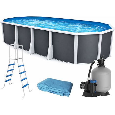 Piscine hors-sol acier Toi ANTHRACITE IBIZA ovale 915 x 457cm H 132cm liner bleu