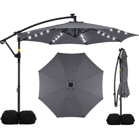 Parasol Déporté 3 x 3M, Parasol de Jardin Extérieur avec Lumière Solaire, Rotation 360°, 8 Baleines en Métal, Toit de Ventilation, 2 Sacs, Gris (1/5)