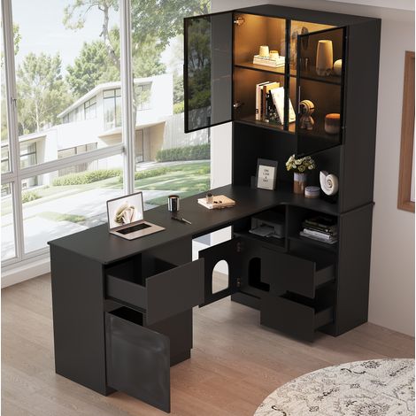 Bureau d’angle 120x80x180 cm avec bibliothèque, vitrine LED, rangement MDF noir (1/5)