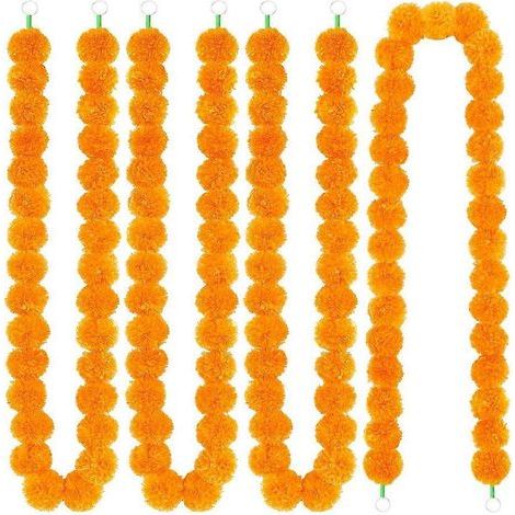 Guirlande de 5 œillets d'Inde décoratifs, 1,5 m d'œillets d'Inde artificiels, décorations de Diwali pour la maison, fleurs orange. (1/5)