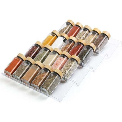Organisateur de tiroir à épices à quatre niveaux, étagère à épices en acrylique, revêtement de tiroir pour pots à épices de cuisine (pots à épices non inclus). (1/4)
