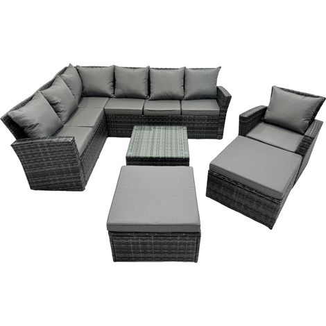 Fimous 9 Seat Poly Rattan Outdoor Patio Coffee Table Corner Sofa Set with 2 Big Stool Chair for Garden Backyard Dark Grey Mixed (1/5)