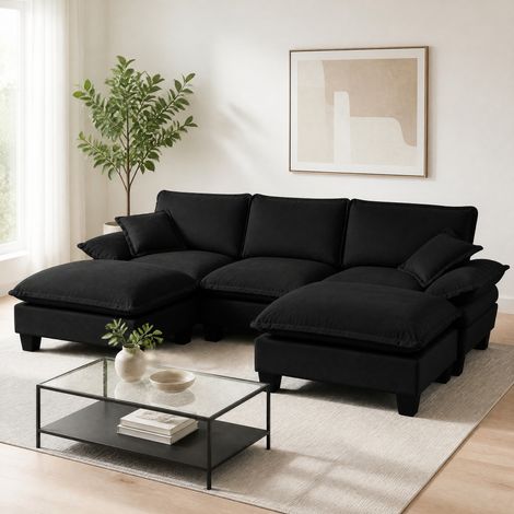 Modulares U-Ecksofa mit 2 beweglichen Ottomanen und 2 Kissen, schwarzer Chenille HAVRYA (1/5)