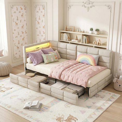 Lit avec tiroirs 90x190 cm, Lit Adulte avec LED et USB, Sommier à Lattes, Scandinave, Tissu lin, Beige