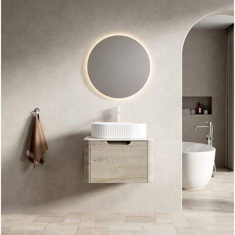Mueble de baño suspendido 60 cm con lavabo ovalado integrado, encimera de piedra sinterizada efecto travertino y 1 cajón soft-close (1/5)