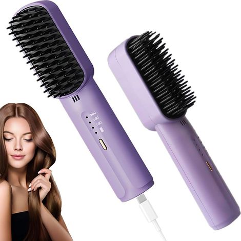 Kabellose Haarglätterbürste, tragbarer Mini-Kamm für Frauen mit 3 Heizstufen, wiederaufladbare heiße Haarglätterbürste für Bart – Lila (Violett)