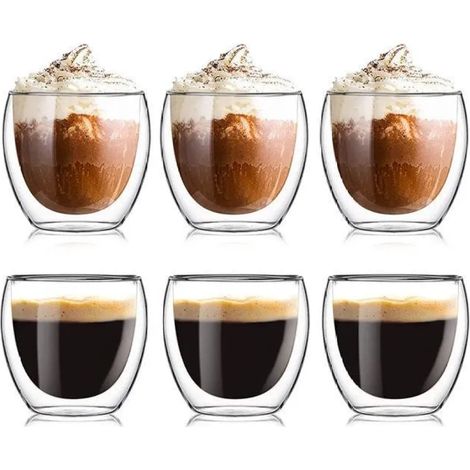Lot de 6 tasses à espresso, verre borosilicate double paroi, 80ml, résistant à la chaleur, pour café et cappuccino (1/5)