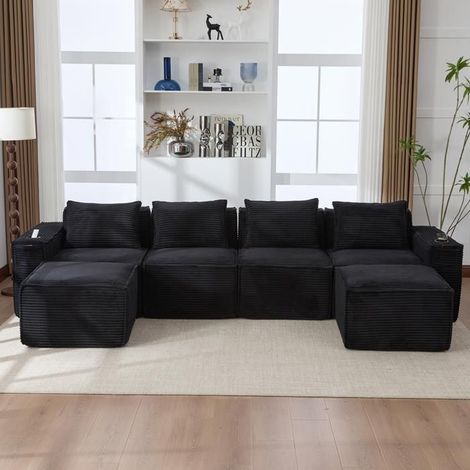 Canapé modulaire - KOMHTOM - Canapé modulaire 4 places - tissu côtelé - 2 tabourets - 330x162x75 cm (1/5)