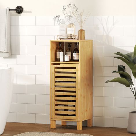 Badezimmerschrank, offenes Regal, Schrank, Bambusholz, Lamellentür, Hellbraun