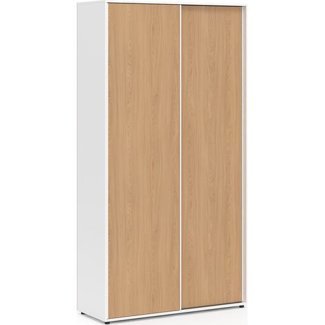Schrank 2 Schiebetüren SLIDEA weiß und Holz Kleiderschrank 100 cm mit Regalen Aufbewahrung maxi Kapazität