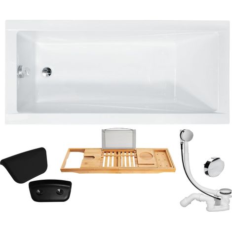 Badewanne Rechteck 140x70 + Kopfstütze + Bambus Ablage, Ablauf & Füße GRATIS - Komplettset 5in1 Original Acryl Wanne - BADLAND MODERN