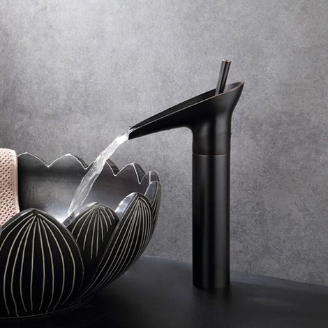 Grifo de baño tipo cascada, grifo de baño negro, grifo de lavabo tipo cascada con agua fría y caliente, elegante grifo de lavabo de latón (parte superior negra antigua) - negro (1/4)