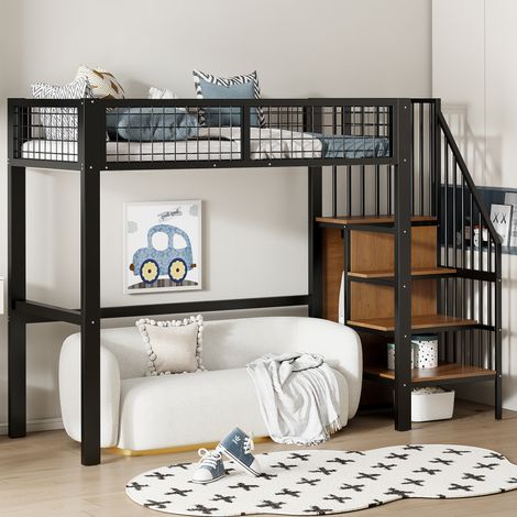 Hochbett 90x200 cm schwarz aus Metall mit Leiter, Kleiderschrank und Regal (1/5)