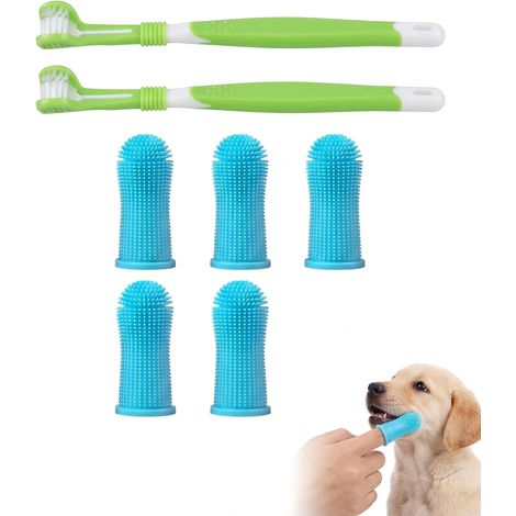 Kit Brosse à Dent Chien 8 Pièces : 2 Brosses Doubles Vertes, 6 Brosses Doigt 360 Bleues. Ensemble Nettoyage Buccal Antitartre, Prévention Calcul Dental et Santé Gencives pour Chiens, Chats. (1/5)