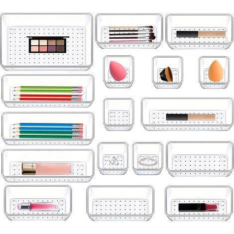 Lot de 17 Organisateurs de Tiroirs en Transparent, Rangement Tiroir en plastique avec 4 tailles, Organisateur de Bureau Tiroir Antidérapant, Organiseur de Maquillage pour Salle de bain, Cosmétiques (1/5)