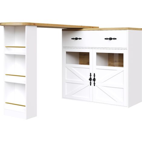 ELVMI Tavolo Bar Estensibile con 1 Cassetto, 3 Ripiani e Rotazione a 360°, in MDF, Bianco, 138-204 x 39 x 104 cm (1/4)