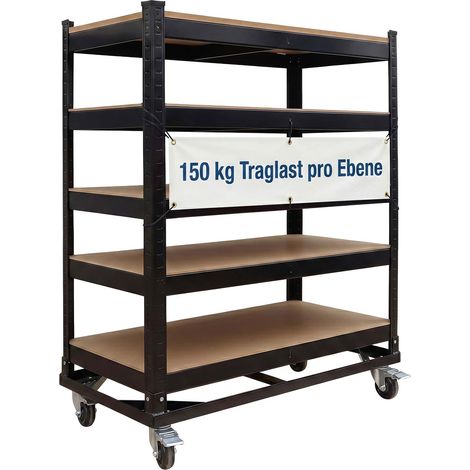 Relaxdays Etagenwagen, 5 Ebenen, Rollen & Bremse, Bis 750 kg, HBT: 110x90x45 cm, mobiler Werkstattwagen, Stahl, schwarz