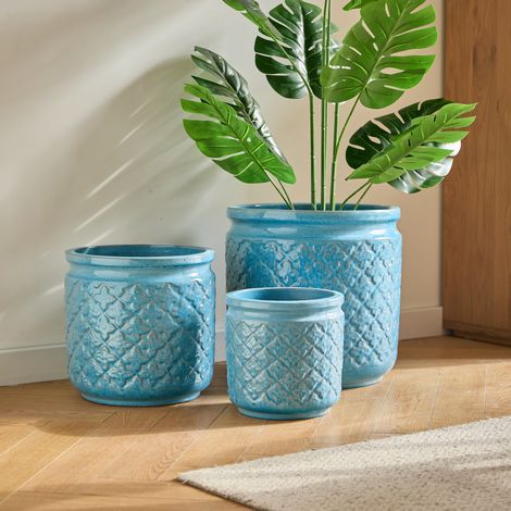Lot de 3 pots de fleurs en céramique bleue à motifs géométriques, Ø 38,1/30,5/22,9 cm (1/5)