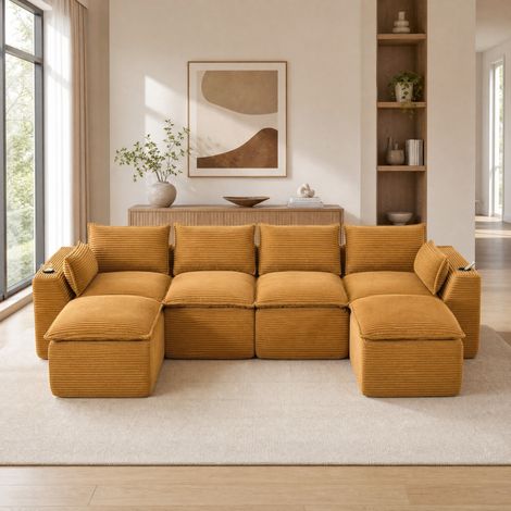 Sofá modular de 4 plazas 322x161x75 cm en tela naranja con 2 pufs para salón - MEUBLIV (1/5)