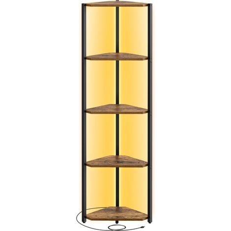 Étagère d'angle à 5 Niveaux, Bibliothèque avec Éclairage LED Réglable, Meuble de Rangement avec Cadre en Acier, 24,8 x 48 x 146,6 cm, pour Salon, Chambre, Bureau, Marron Rustique (1/5)