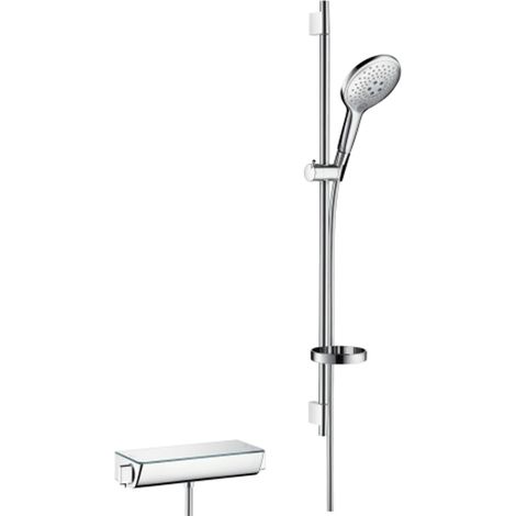 hansgrohe Raindance Select S Brausesystem Aufputz 150 3jet mit Ecostat Thermostat und Brausestange 90 cm Chrom, 27037000